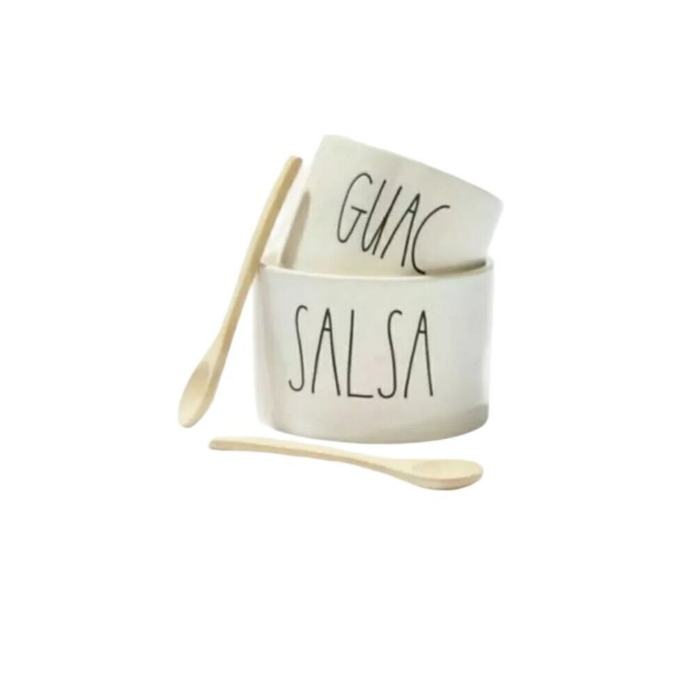 RAE DUNN Guac & Salsa Bowl Set Ceramic Serving Bowls with 2 Bamboo Spoons NEW